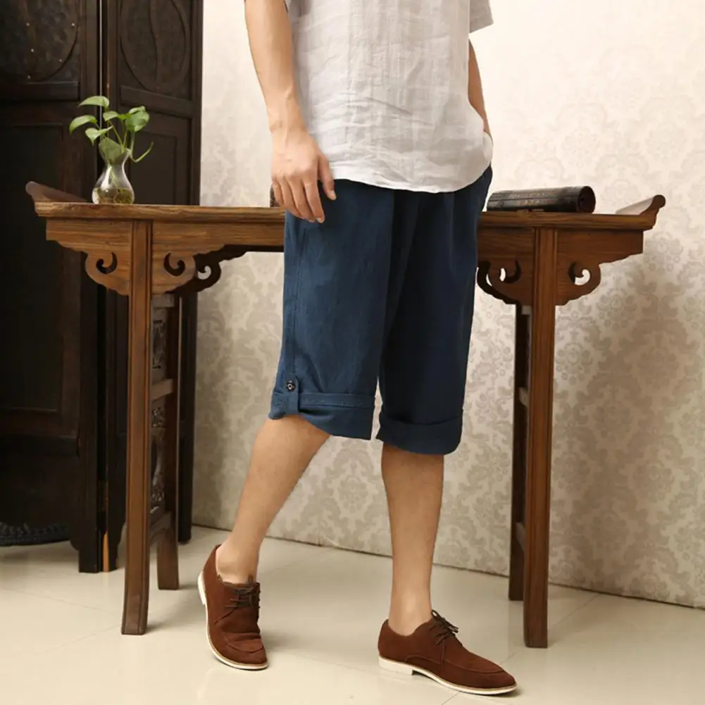 Soft Comfortable Men Pants Men's Cotton Linen 3/4 Pants with Pockets for Running Wear Breathable Gym Shorts for Beach Quick Dry
