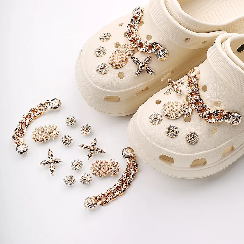 YNPO 12pcs Golden Diamond-encrusted Chain Shoe Charms for DIY Fashion Pineapple and Cross Patterns Sandal Accessories Removable