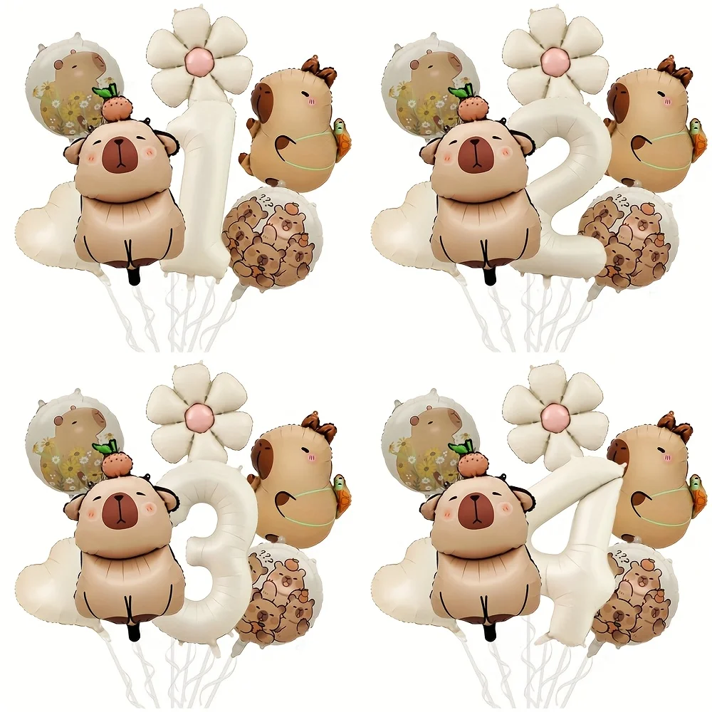 7 Stücke Cartoon Capybara Creme Liebe Herz Gänseblümchen Blumen Folienballon Creme Anzahl Ballon Geburtstag Party Dekoration Geschenke 2026