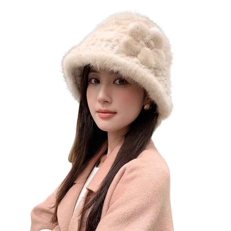 Winter new mink hair hat female Korean version versatile warm mink hair woven flower real hair bucket hat fur hat