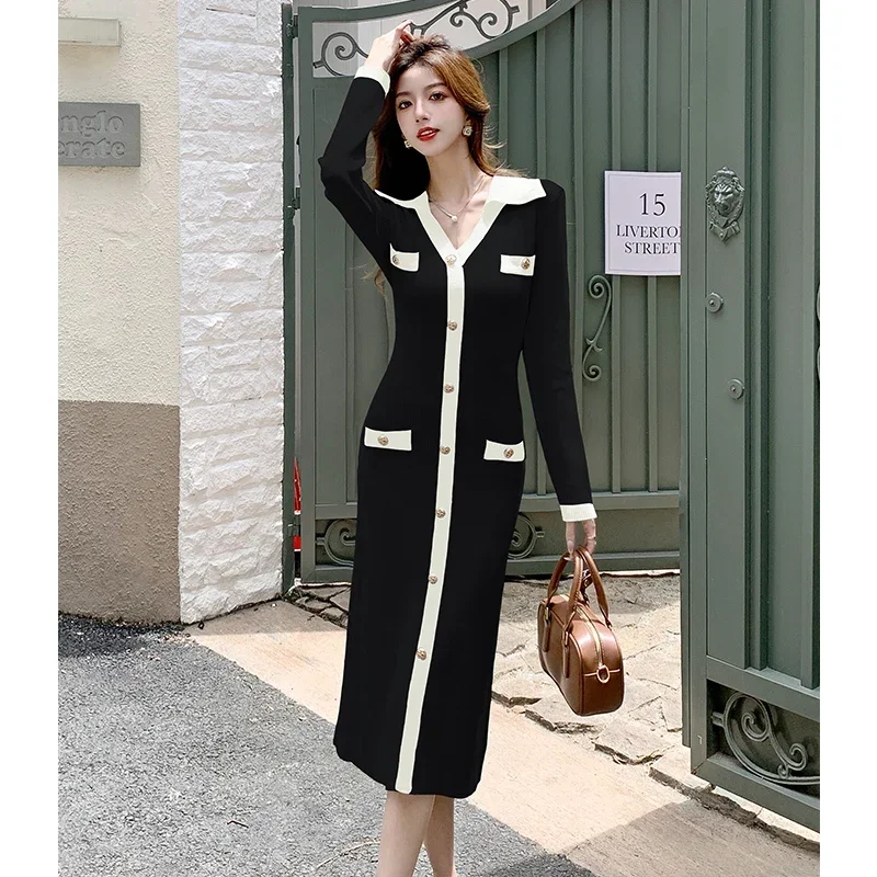 Euro Style Autumn New Models With Coats, Long Inner Sweater Dresses, Women's Gentle Temperament Contrasting Color Knitwear