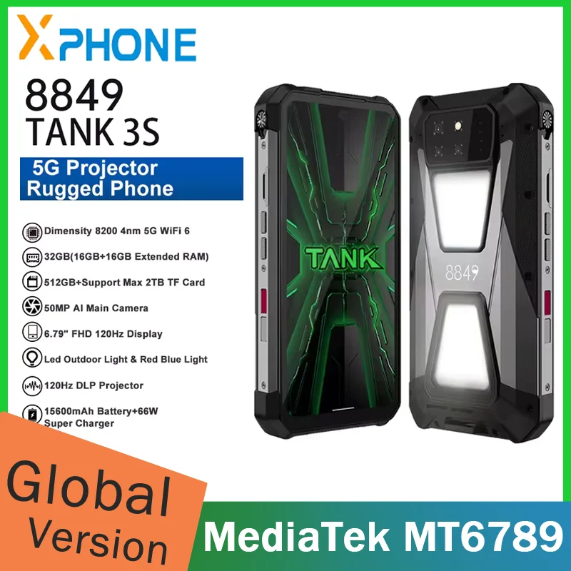 Unihertz 8849 Tank 3S 5G Прочный проектор Смартфон 12 ГБ/16 ГБ + 512 ГБ 66 Вт Android 14 Спортивный телефон Размер 11600 мАч 8300