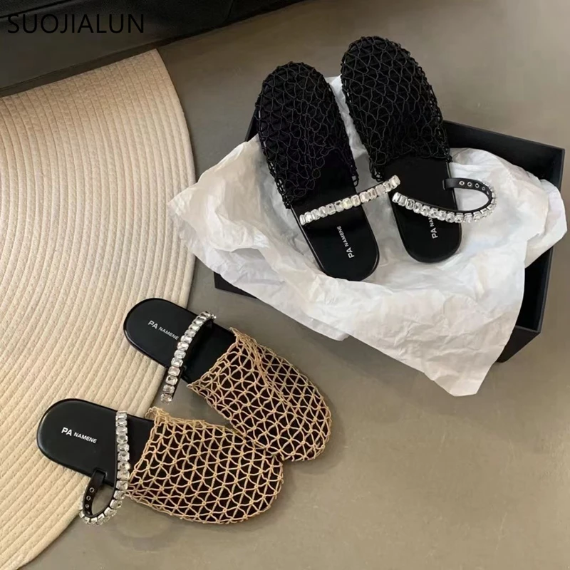 SUOJIALUN Summer New Brand Women Slipper Fashion Mesh Ladies Elegant Slip On Mules Shoes Soft Solse Flat Heel Sandal Slides Shoe