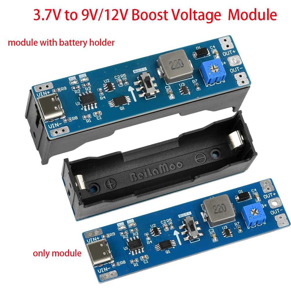 Lithium Battery Charge Discharge Boost Module Type-C 3.7V to 9V 12V Adjustable Step Up Voltage Regulator Integrated Board 2A