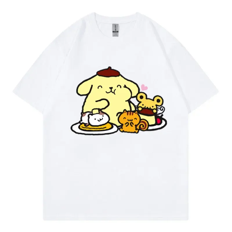 Cute Pompom Purin Cartoon T-Shirt Summer Short Sleeve 100% Cotton Kids' Tee Shirt Tops for Boys And Girls Cartoon Anime Couple
