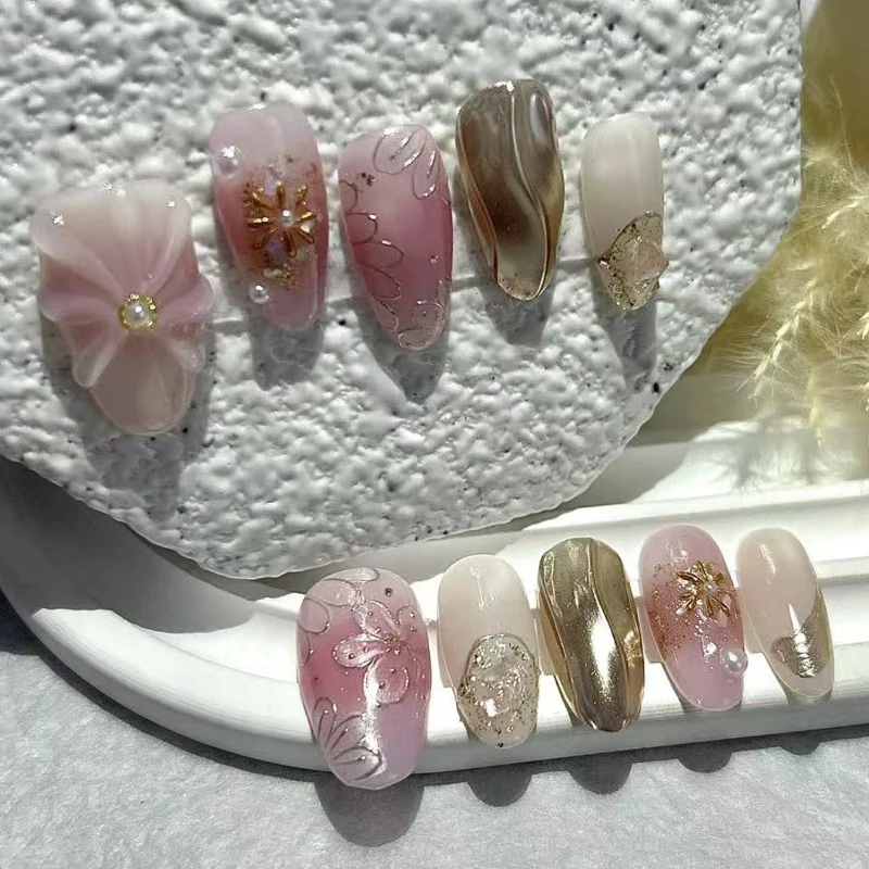 10 stuks elegante en prachtige handgemaakte pers op nagels blush perzikbloesem golflijnen nepnagels verwijderbaar en herbruikbaar