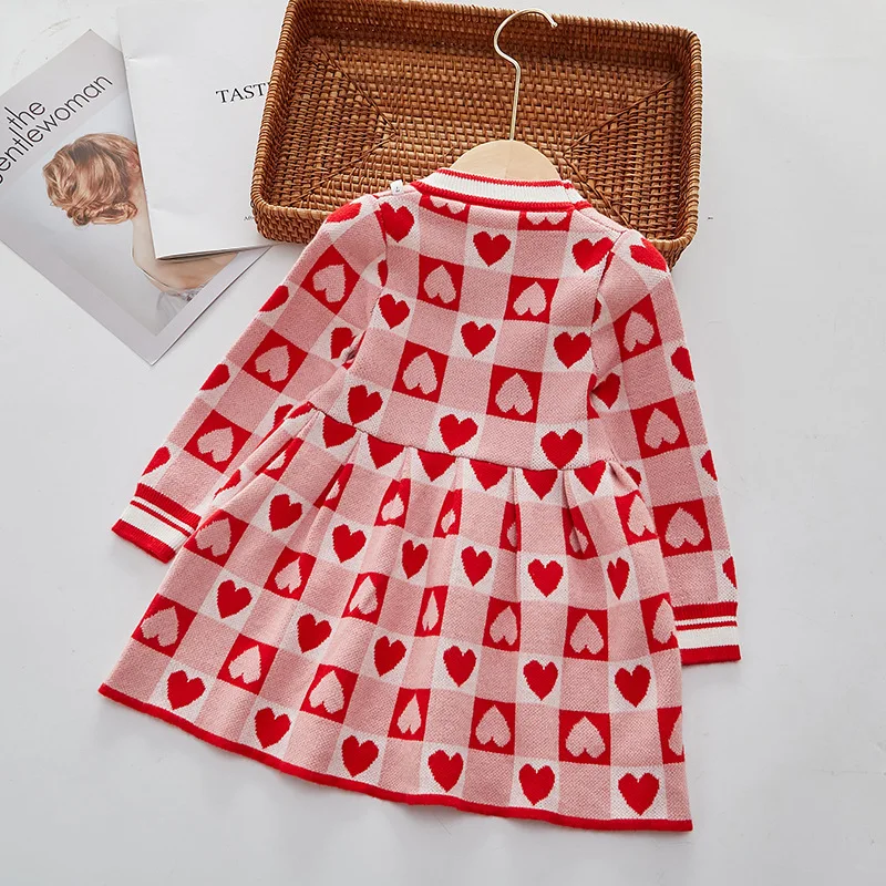 Girls' Dress Autumn 2022 New Fashionable Love Plaid Children'S Clothing Baby Kids Spring Knitted Princess Dress