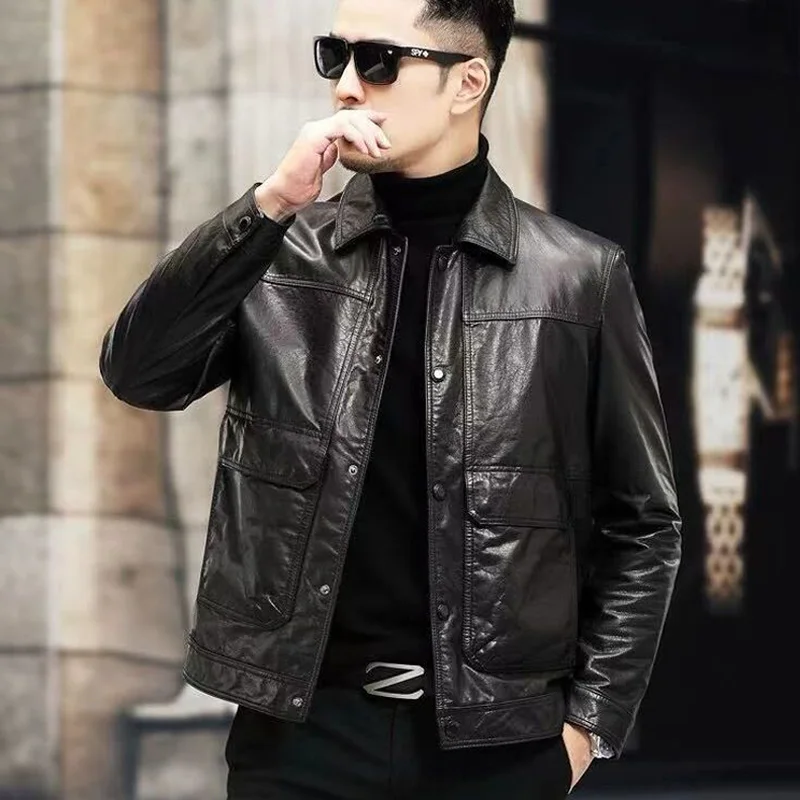 

Vintage Oil Wax Cow Leather Jacket Men Slim Fit Flap Collar Short Business Men's Genuine Leather Jacket Coat Man Autumn Winter