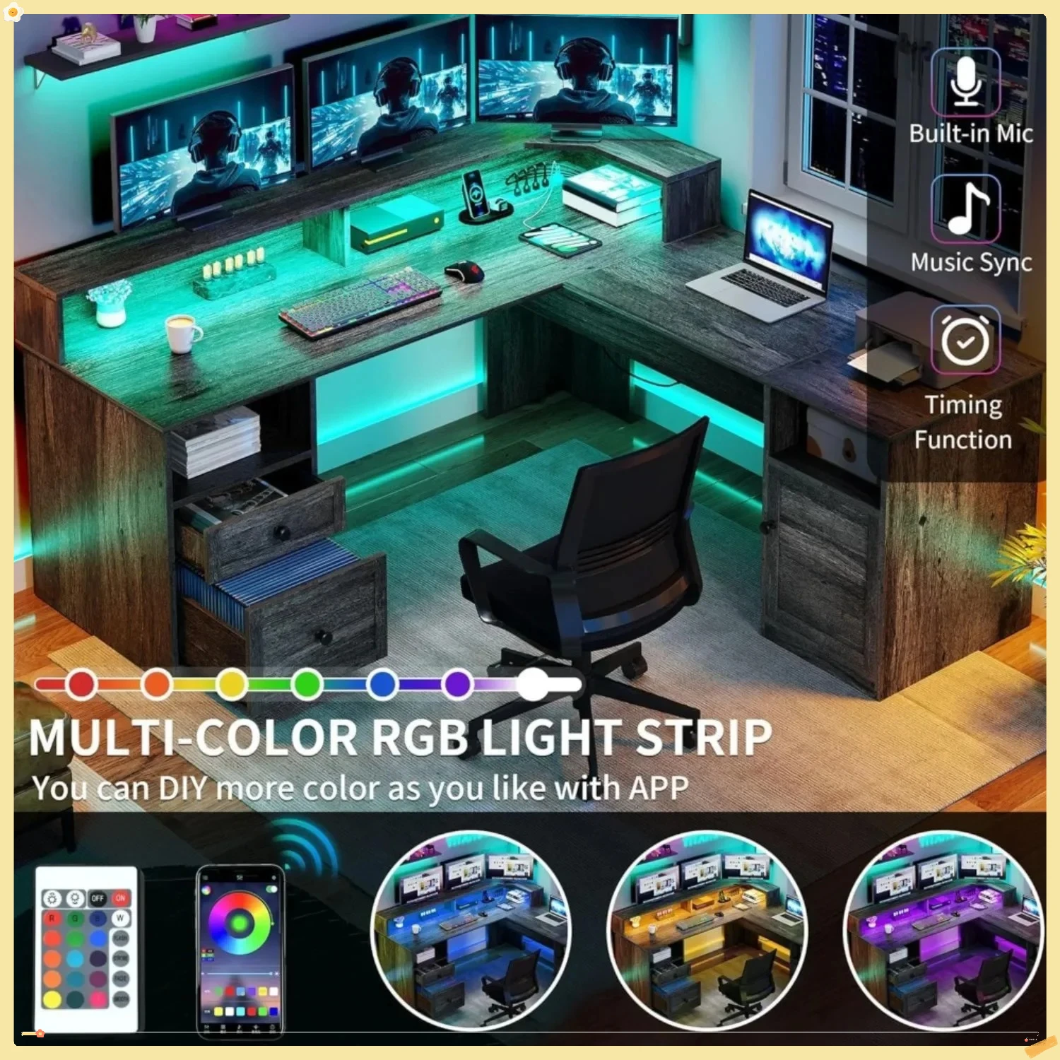 Scrivania a L intelligente con prese di corrente e LED incorporati, scrivania ad altezza regolabile da 60 pollici per l'home office