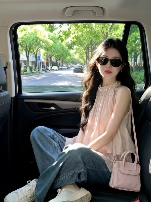 

Elegant Pearl Necklace Chiffon Shirt Women's Style Summer Korean Slim Fit Sleeveless Beautiful Top Skin Friendly Breathable