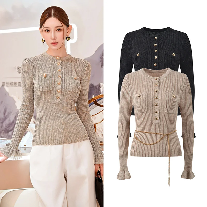 

CHUJIE 2022, осенний новый французский элегантный модный однобортный вязаный топ с круглым вырезом и цепочкой на талии