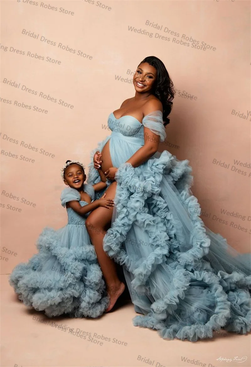 Blue Women Maternity Dress for Photo Shoot Skirt Sweetheart Bridal Robe Tiered Tulle Wedding Pregnant Prom Gown Customized