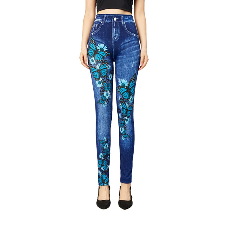 Butterfly Printed Imitation Denim Leggings Women's Thin Stretch Nine-length Leggings Spring Summer 2024 New Pants Female 006