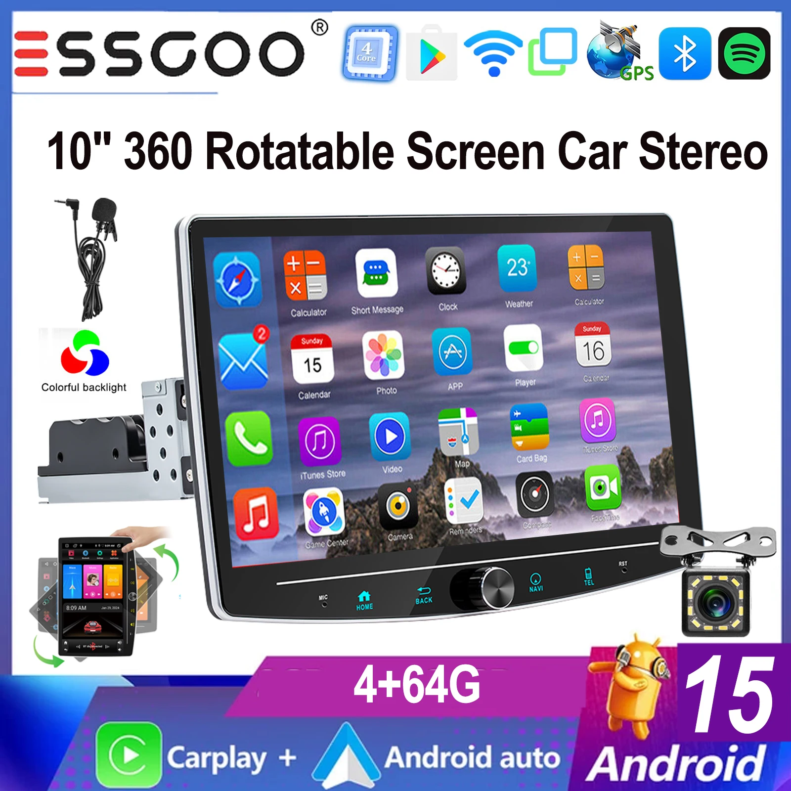 ESSGOO 10,1" Android 15 1 DIN Universeel 360 °   Draaibaar touchscreen carplay MICROFOON Android auto Autoradio Radio GPS NAVI BT WIFI FM - afbeelding 1