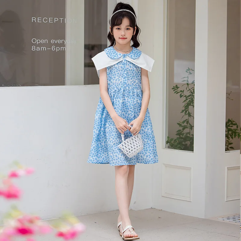 

Girls Skirt Summer Sleeveless Dress 2024 New Summer Sundress Bow Double Collar Floral Skirt Girls and Children Clothes