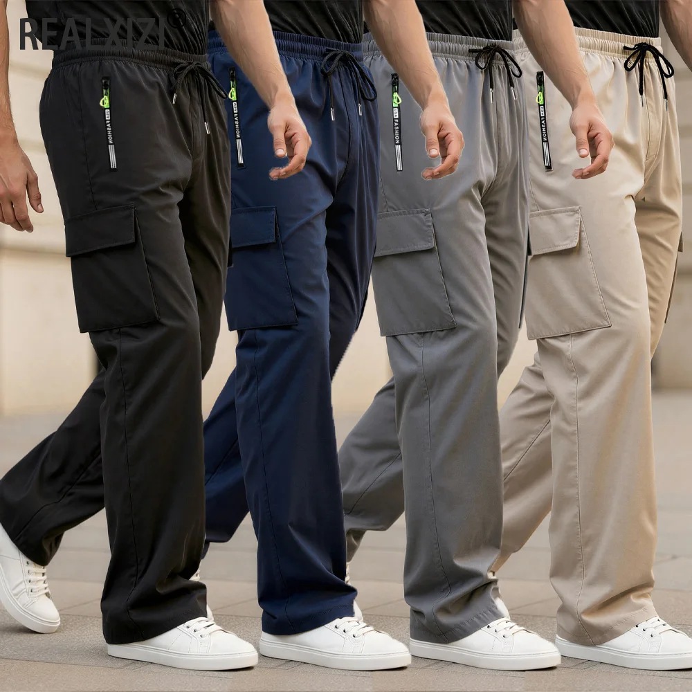 

Мужские брюки-карго с эластичным поясом, множеством карманов, свободного прямого кроя, в корейском стиле, повседневные, для активного отдыха, длинные