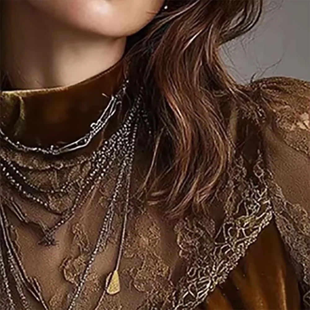 

Lace Sheer Sexy Velvet Women Blouse Brown Round Neck Puff Sleeve Elegant Slim Female Autumn Top Fashion High Street Chic Shirts
