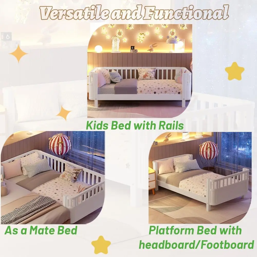 إطار سرير مزدوج من مونتيسوري للأطفال، سرير نهاري خشبي مع قضبان، مناسب للفتيات والفتيان، لا حاجة إلى صندوق زنبركي، أبيض،