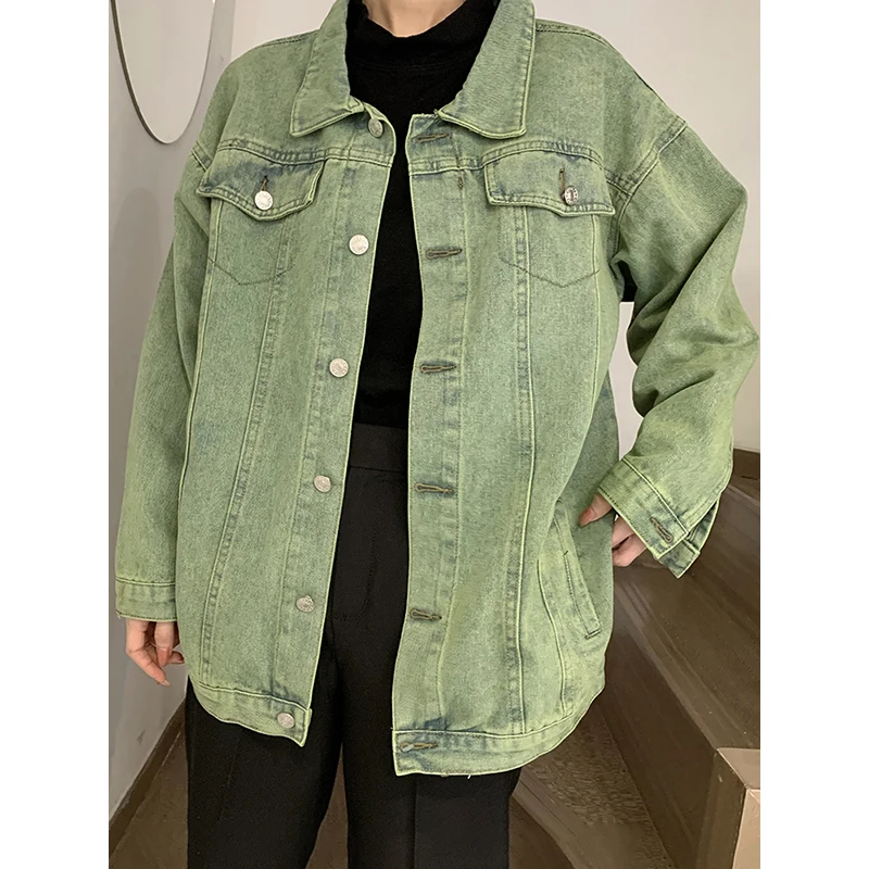 

PBAP Green Wash Women Denim Jacket Acubi Fashion Lapel Single-breasted Long Sleeves Loose Oversize Shirt Coat Y2k Retro Outwear