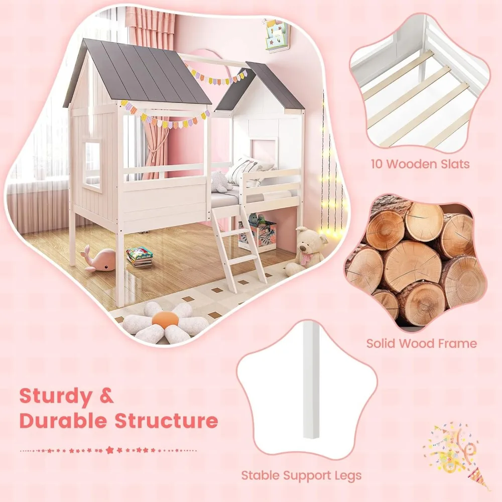 Estrutura de cama de casa dupla, estrutura de cama loft baixa infantil com telhado, janelas laterais e escada, cama de casinha de apoio de ripas de madeira, branco