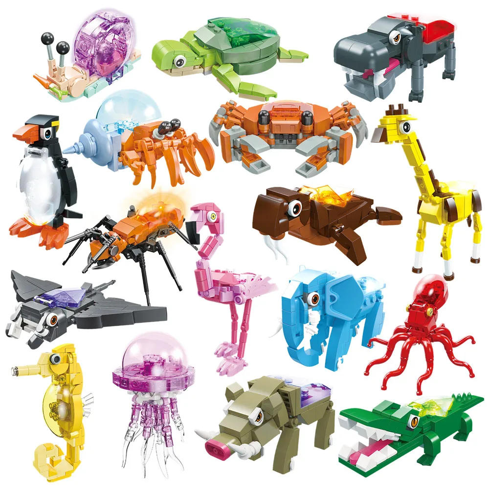 Animals Figures Underwater World Marine Hippocampus Shark Whale Seals Elephant Hippopotamus Penguin Building Blocks Bricks Toys