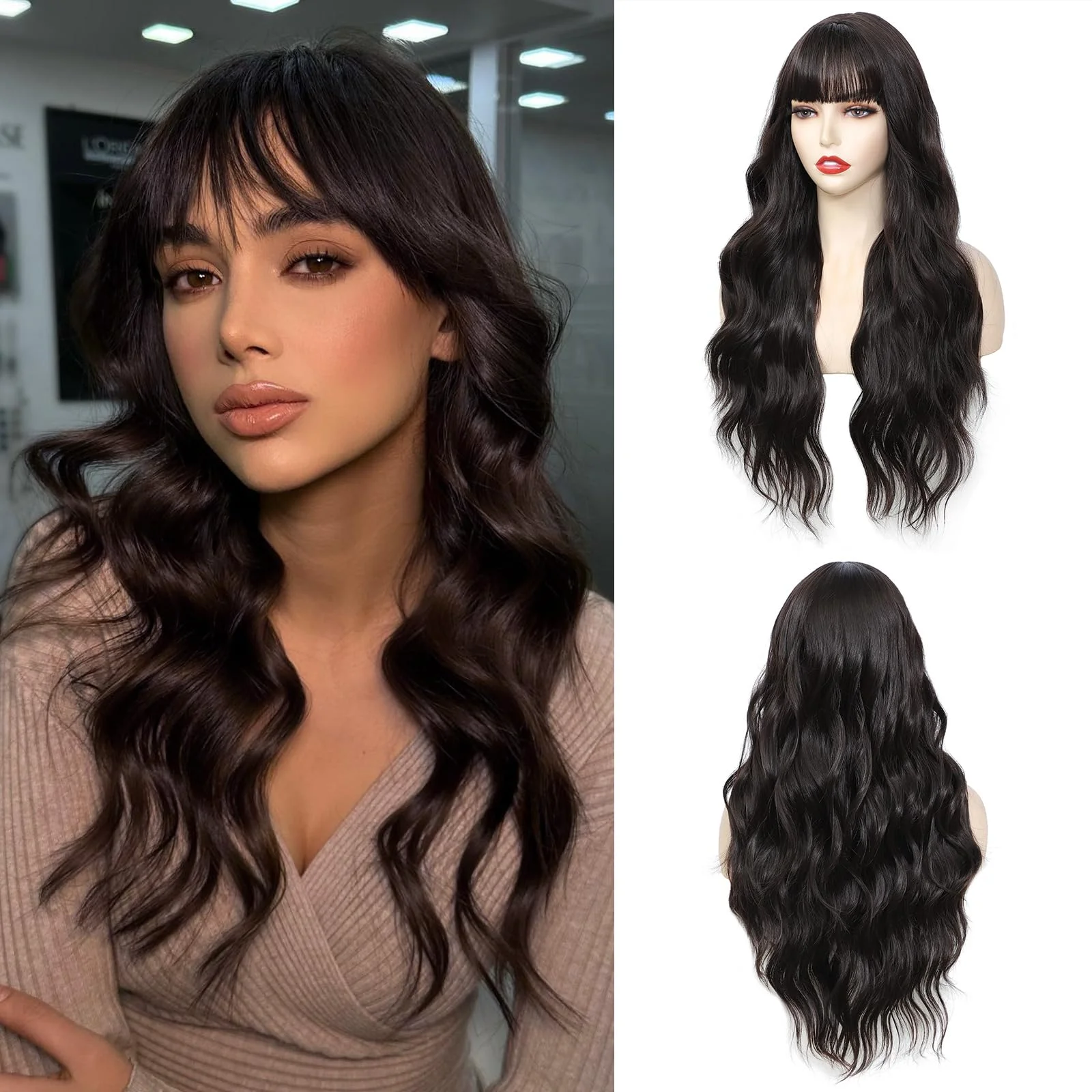 Body Wave rambut manusia 30 Inche wig dengan poni 3x1 mesin penuh dibuat wig rambut manusia untuk wanita warna alami dengan kepadatan 200%