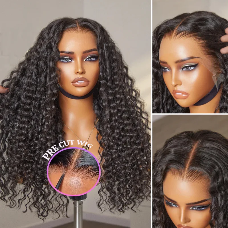 Pelucas delanteras de encaje de onda profunda 13x4 - Pelucas frontales transparentes HD de 200% de densidad - Sin pegamento, prearrancadas con pelo de bebé - Negro natural