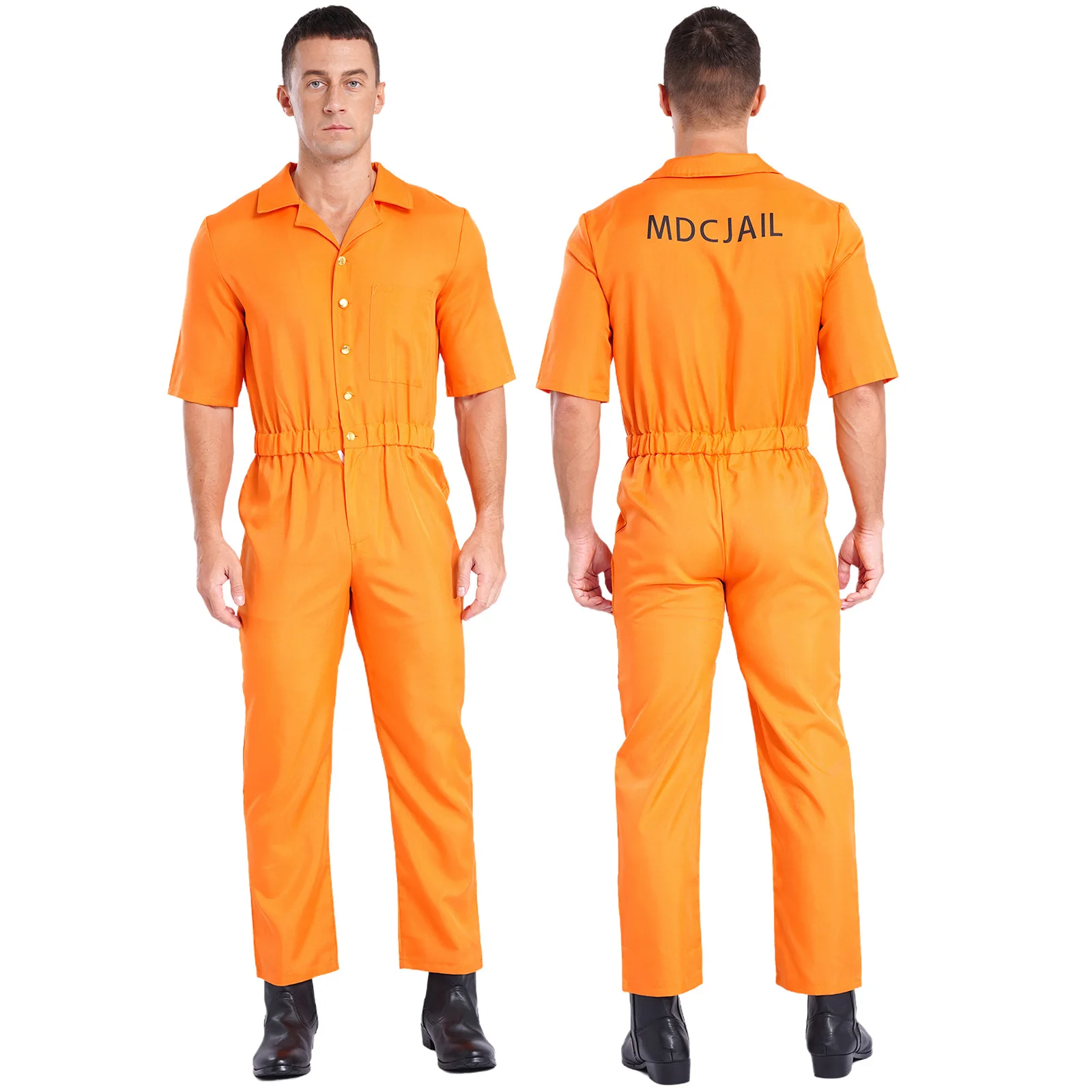 Men Halloween Prisoner Jumpsuit Adult Inmate Costume Orange Jailbird Outfit Elastic Waist Overalls Raves Cosplay Convict Costume