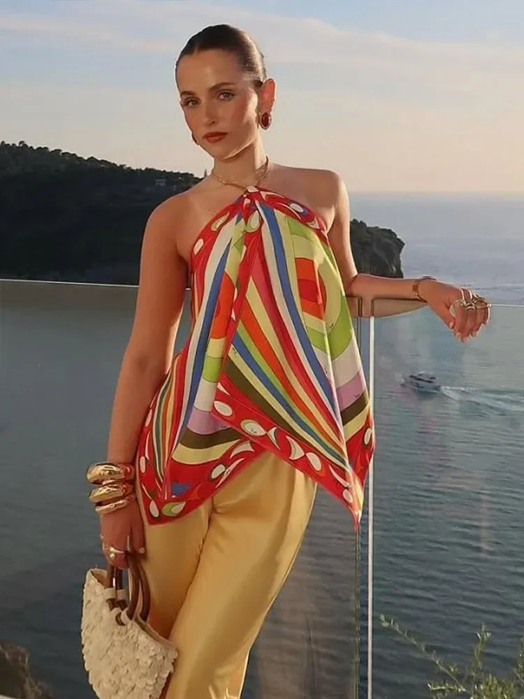 Costume jupe imprimé décontracté pour femmes, ensemble de plage élégant en Satin, Vintage, dos nu, col licou irrégulier, jupe longue, ensemble 2 pièces