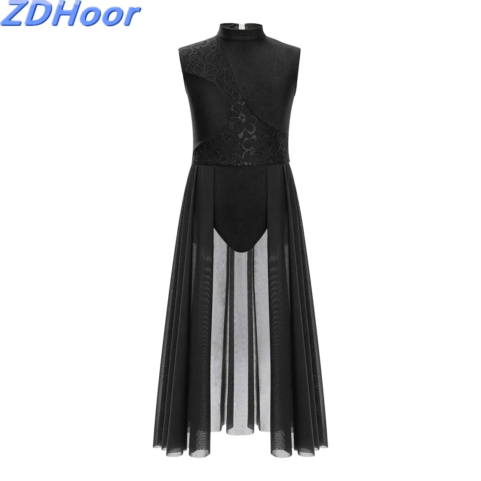 

Kids Girls Floral Lace Dance Dress Patchwork Lyrical Mock Neck Cutout Back Sleeveless Leotard Dress Stage Performance Costume
