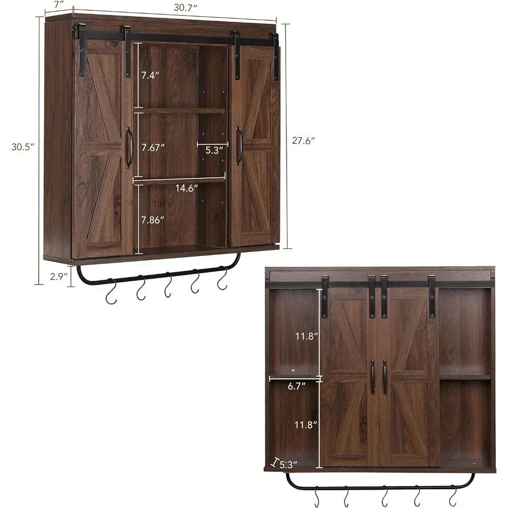 Storage cabinet with two sliding barn doors, three story decorated farmhouse vintage cabinets, dark walnut wood,bathroom cabinet