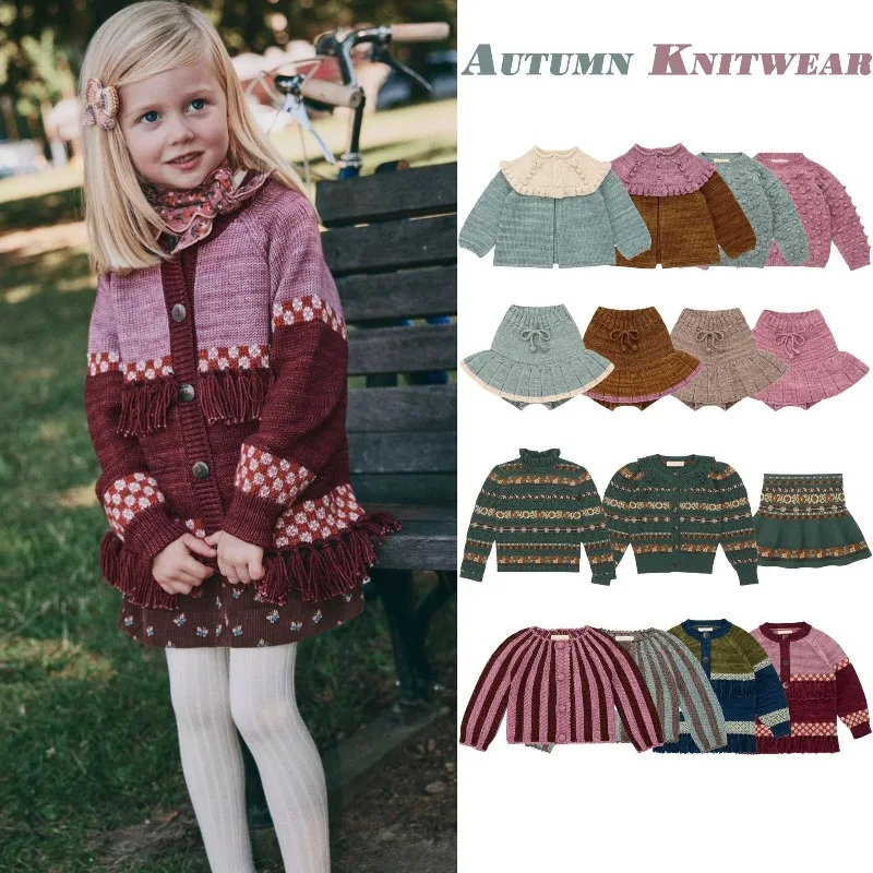 2026 Autumn MP Girls Vintage Style Handmade Popcorn Knit Sweater & Skirt Pants 2-Piece Set – Retro Kids Outfit