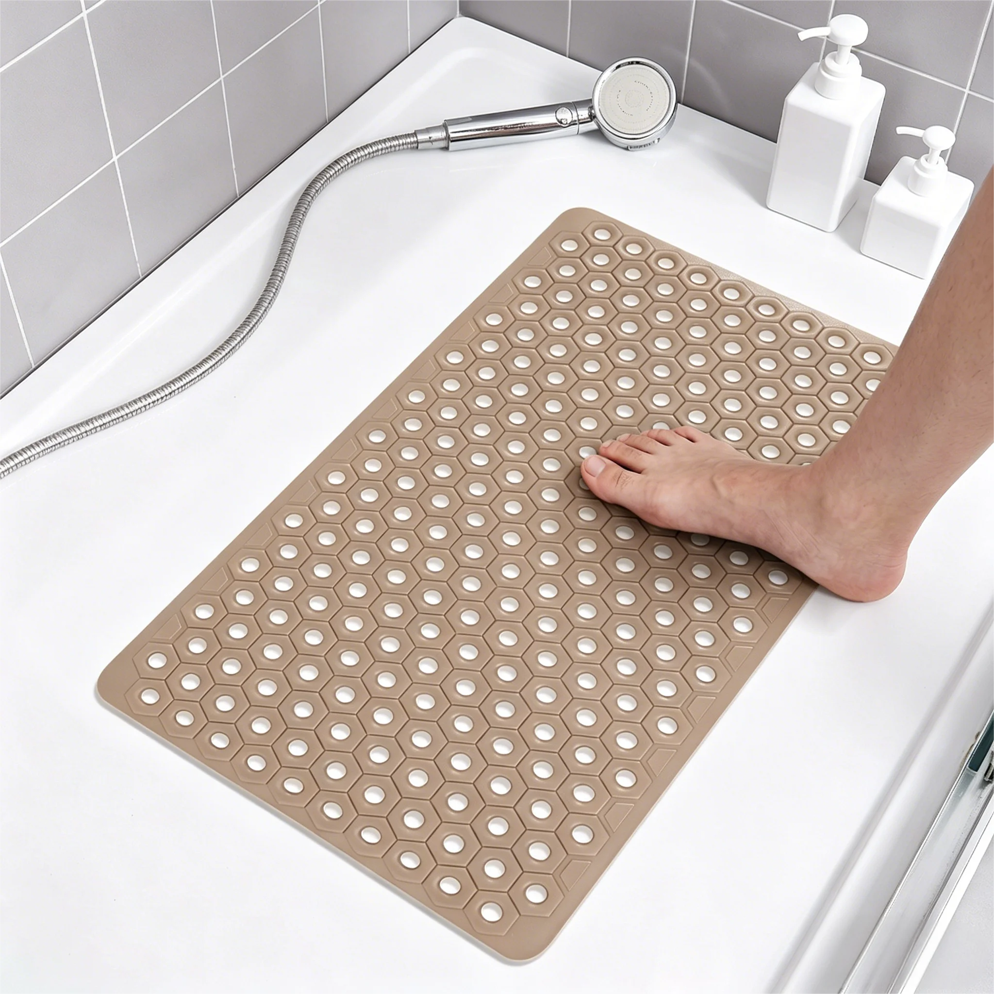 

BATHLUX Honeycomb PVC Bath Mat Strong Suction Cup Shower Non-slip Mat Large Drain Hole Anti-slip Bathroom Floor Mat Easy Clean