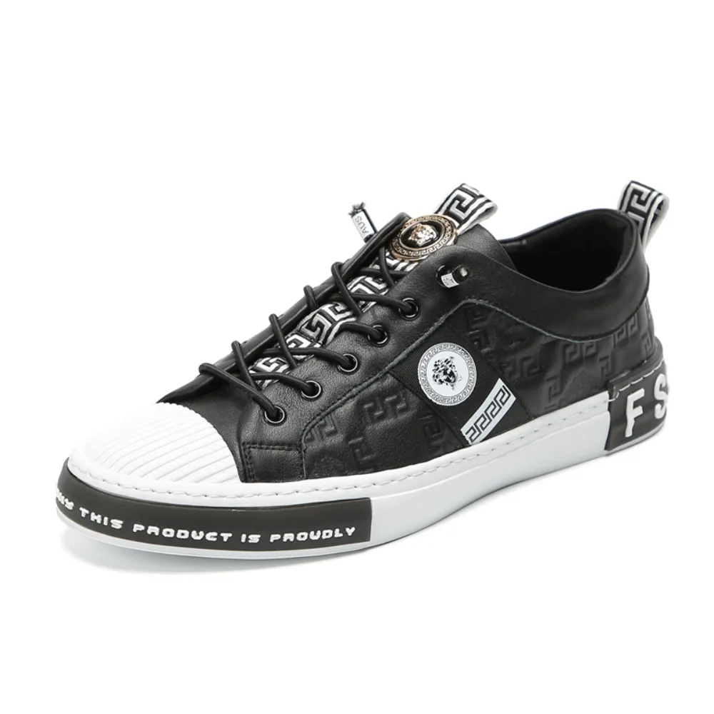 Spring New Men Shoes Trend Leather Casual Shoes Flowers Print White Flat Skateboard Shoes Street Cool Slip-on Sneakers