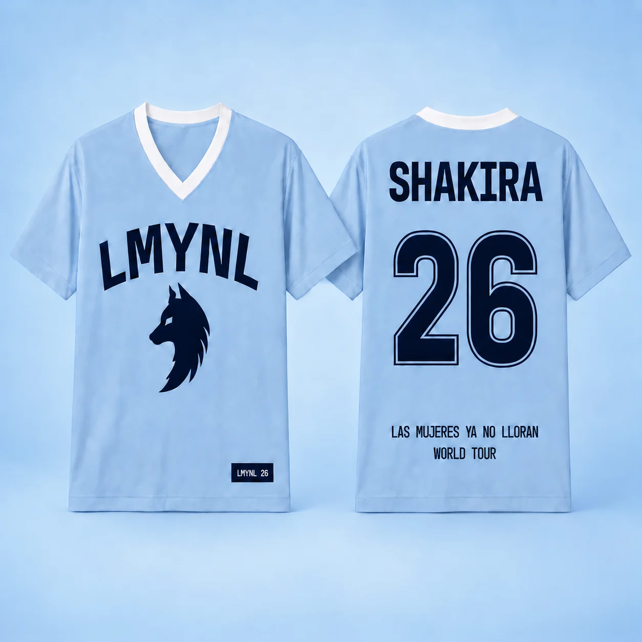 Shakira LMYNL Las Mujeres Ya No Lloran World Tour Baseball-Trikot, hellblau, V-Ausschnitt, Wolf, Nummer 26, Konzert-Merchandise, Unisex, Geschenk für Fans. – Detail 6