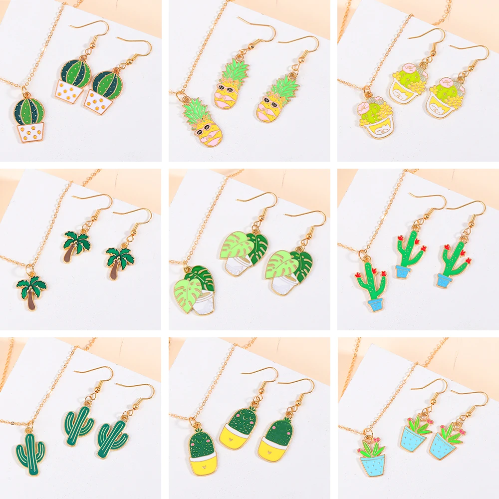 1Set Gold Color Alloy Enamel Cactus Potted Plant Earrings Necklaces Jewelry Sets Gifts for Women 2024 Trendy Ornament