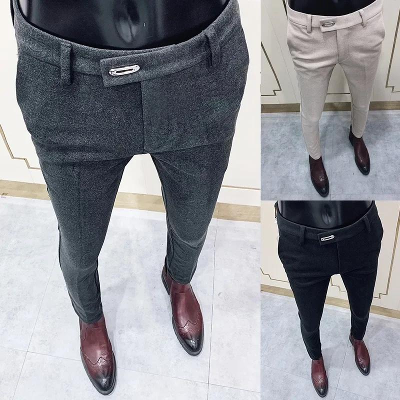 Pantalones formales de lana gruesa para Hombre, traje ajustado para mantener el calor, otoño e invierno, 2024