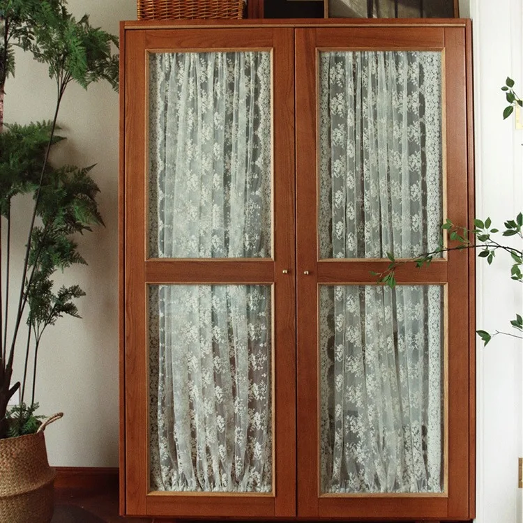 

French retro solid wood wardrobe cherry wood double door gauze curtain glass cabinet