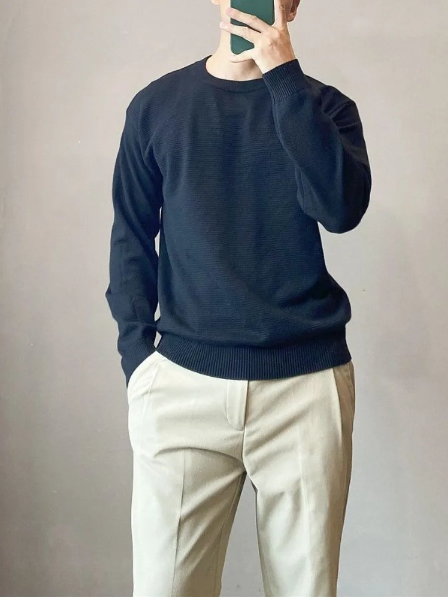 

Весенне-осенний корейский вязаный свитер Long Sve, мужской белый круглый Ne, повседневная модная внутренняя одежда, базовый слой irt