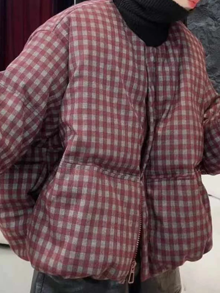 

Warmth Casual Zipper Thiened Collarl Princ Sle Winter Plaid Cotton Jaet Korean Version Outerwear Coat for Women