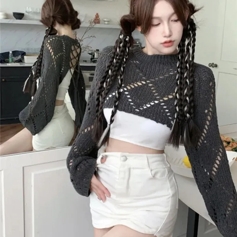 Y2K Two-Sided Knitted Tops Women Hollow Long Sleeve Sweet Lace-Up Sweater Harajuku Casual Backless Solid Lady Blouse