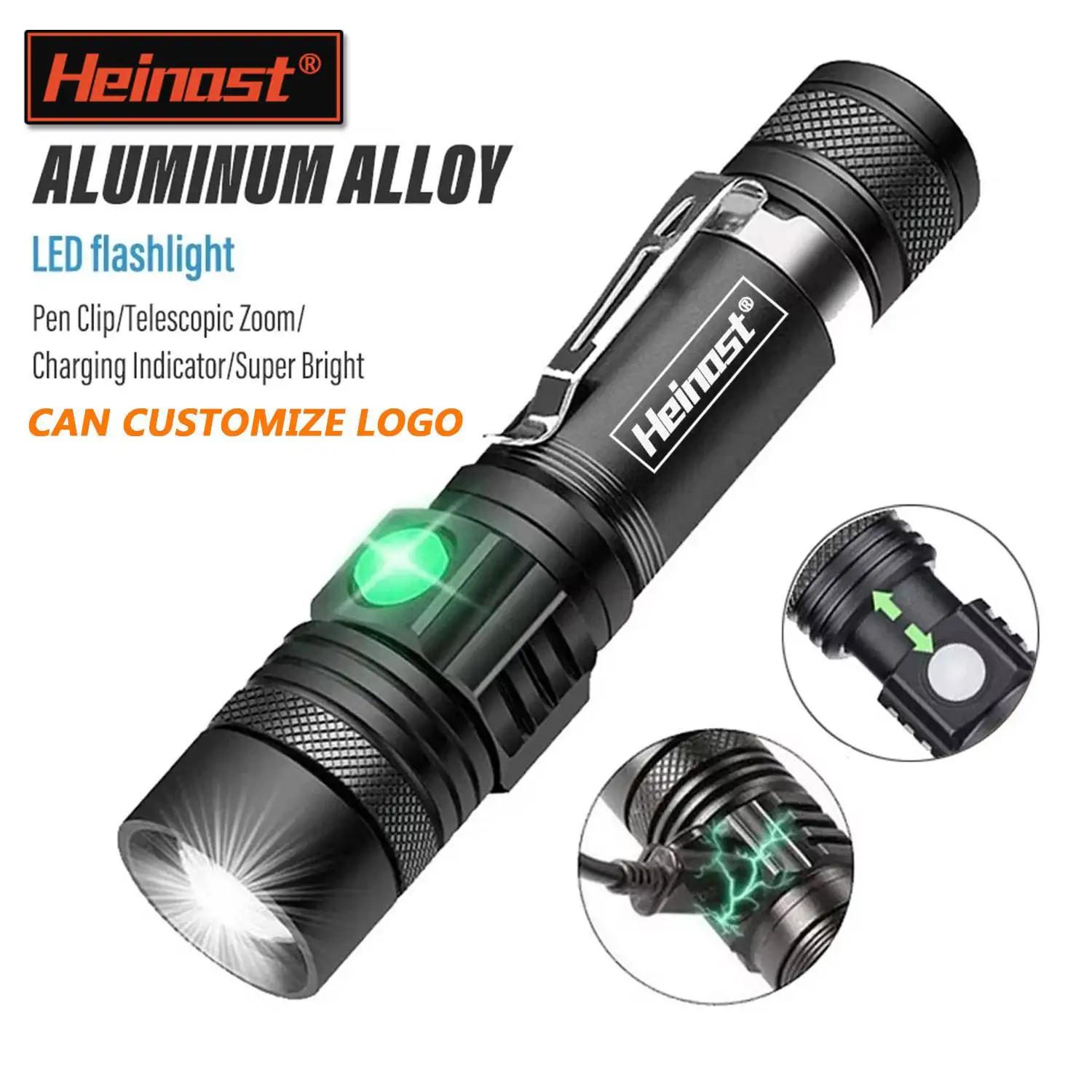 

Heinast LED Flashlight Strong Distance USB Rechargeable 18650 Battery Torch Telescopic Zoom Outdoor Emergency Searchlight torch