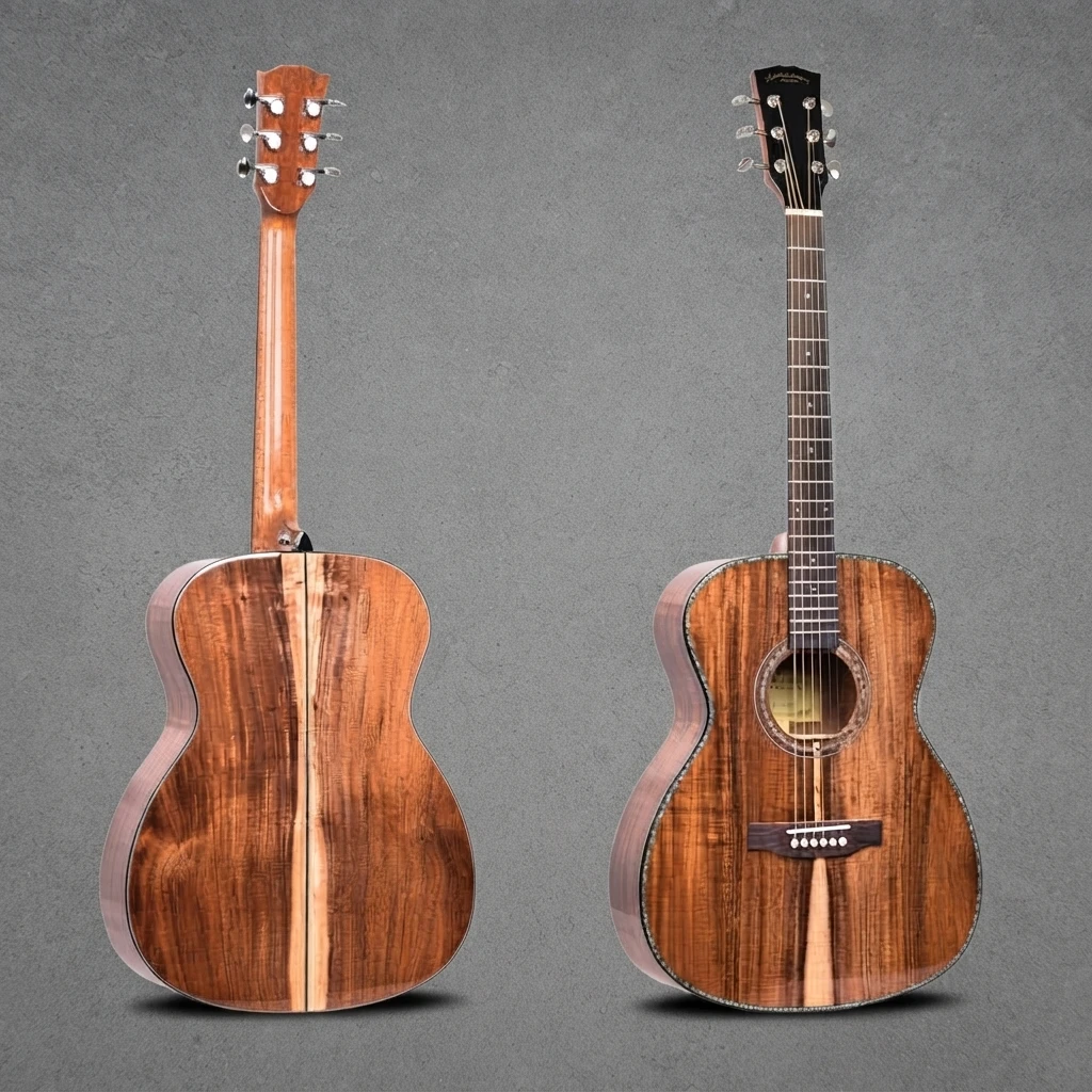 Cutaway OM Acoustic Guitar, Solid Top, Gloss Exotic Wood Grain, Dark Fretboard, Chrome Tuners, 6 Strings for Daily Practice