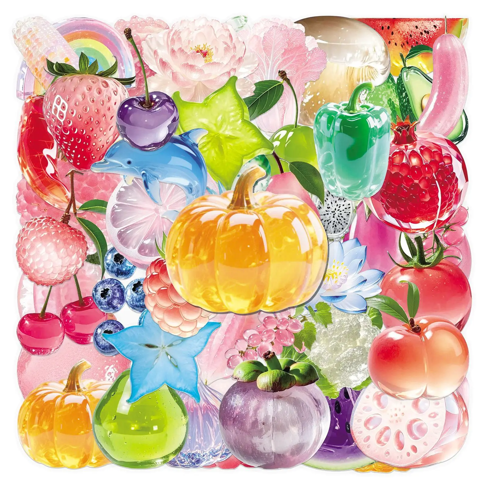 

50PCS Fruits and Vegetables Food Transparent PET Material Decorative Guitar Skateboard Water Cup Waterproof Sticker Kids Toy