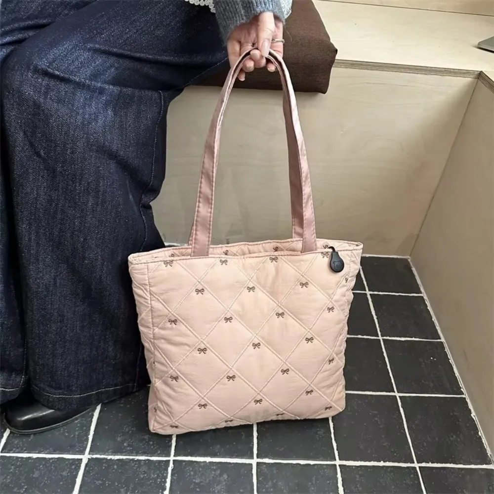 Fashion Large Capacity Quilted Tote Bag Solid Color Argyle Pattern Shoulder Bag Bow Embroidery Lightweight Handbag