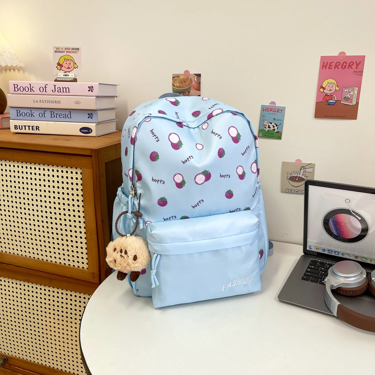 Oxford Autumn Cute Dots Print Pastel Backpack for Women Girls Kawaii School Bag with Doll Pendant Lightweight Travel Backpack