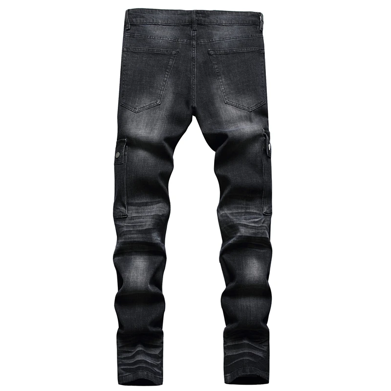 Europe United States Male Beggars Ripped Pleated Cloth Black Jeans High Street Trend Pocket Slim Motorcycle Hip Hop Clothing