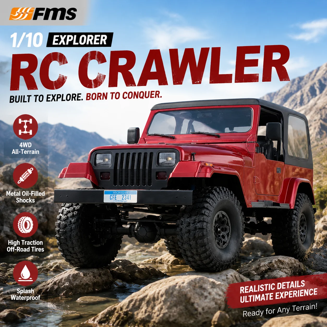 FMS 1：10 Explorer RC Crawler 4 Wheel Drive Realistic Hard Shell Electric Off Road Remote Control Hobby Car Model for Outdoor Pla