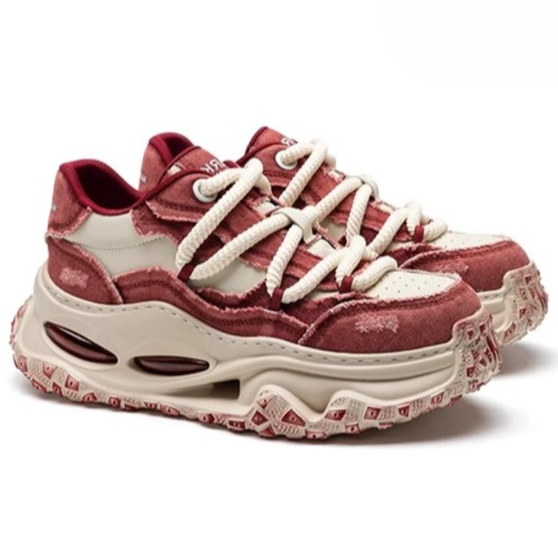 Men's Leather Fabric Comfortable Soft Soled Breathable Trendy Daddy Shoes Man European Casual Sneakers Red Heightening Shoes for