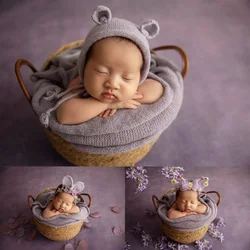 Newborn Baby Photoshoot Props Soft High Stretch Baby Swaddle Blanket Bear Hat Headwear With Ears Studio Infant Photography Props